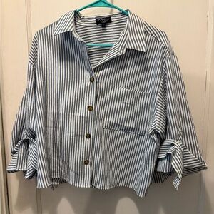 NWOT Blue and White Striped Button-Up Cropped Shirt
